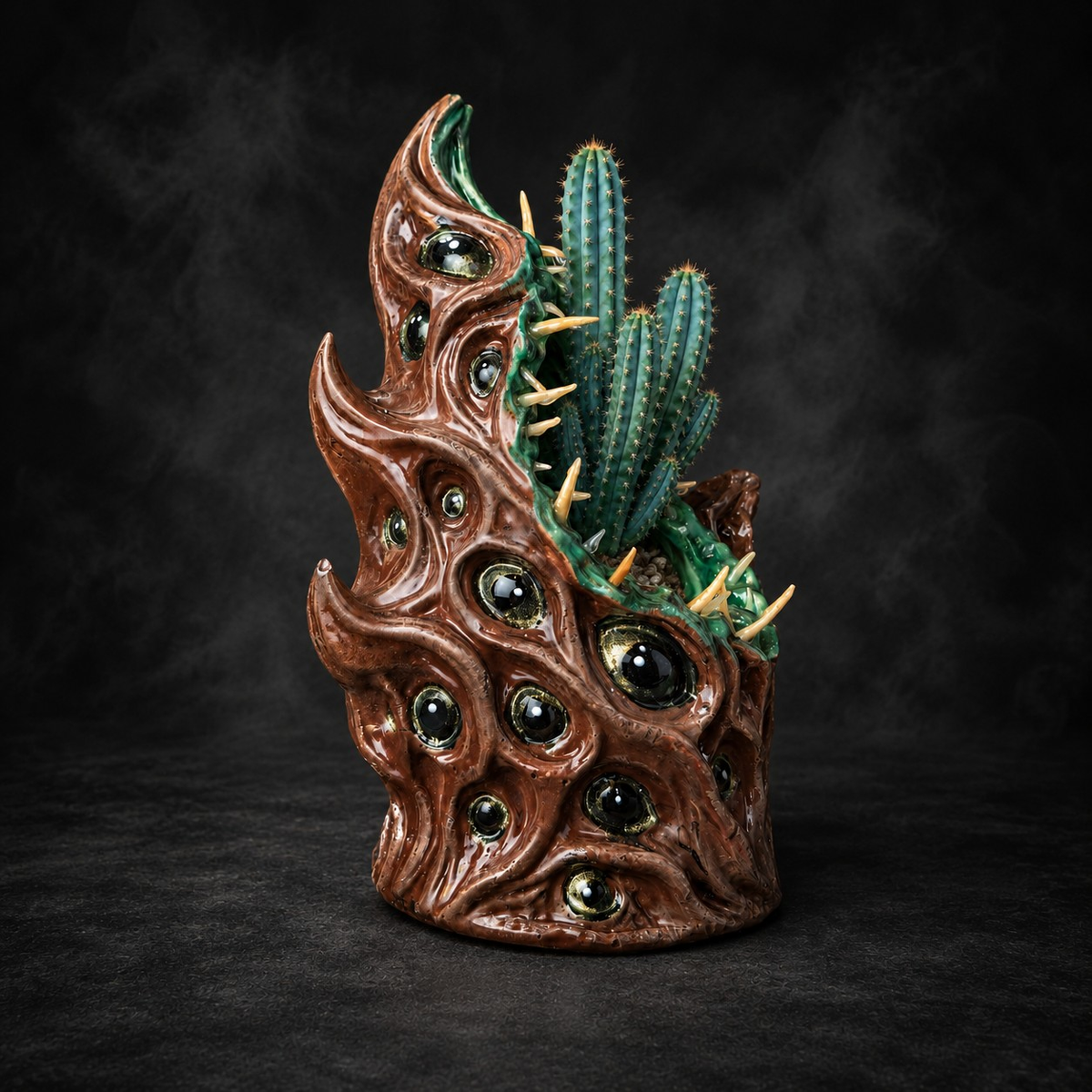 Side view of The Watching Maw many-eyed monster planter with blue cactus
