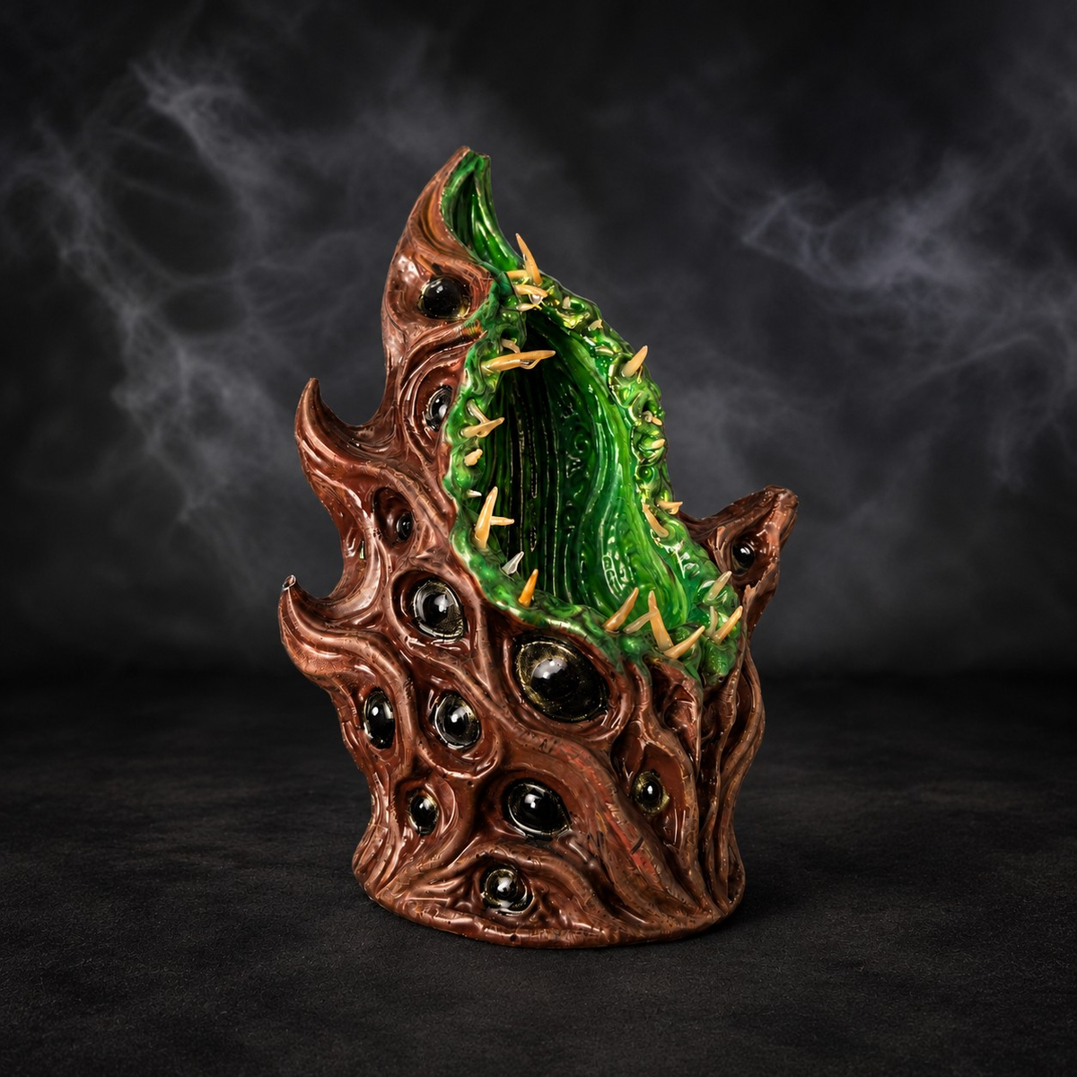 Angled view of The Watching Maw brown and green cast stone monster planter
