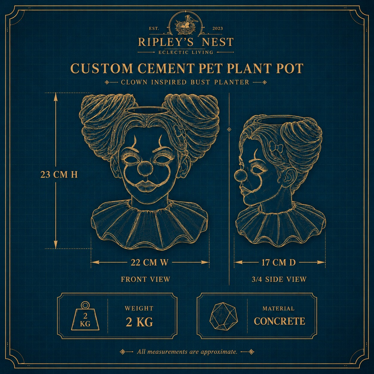 Dimensions sheet for The Last Laugh cast stone clown planter showing 23 cm high, 22 cm wide and 17 cm deep