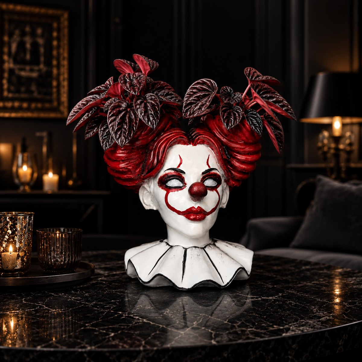 The Last Laugh horror clown girl planter styled with dark red foliage and candles
