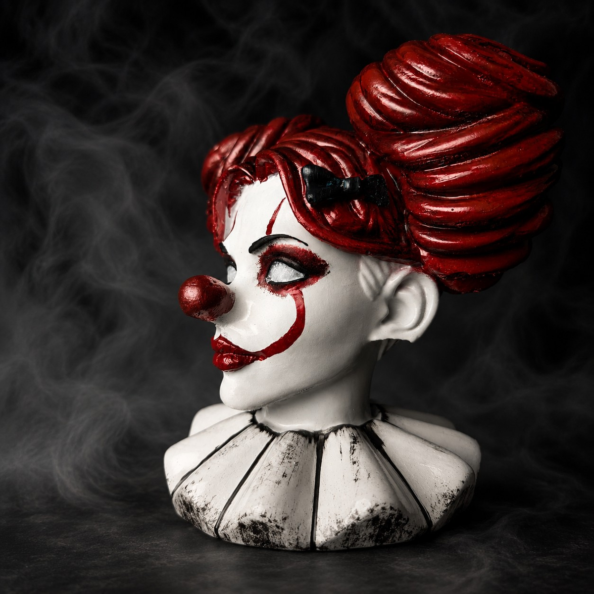 Close up of hand-painted clown face detail on a cast stone horror planter