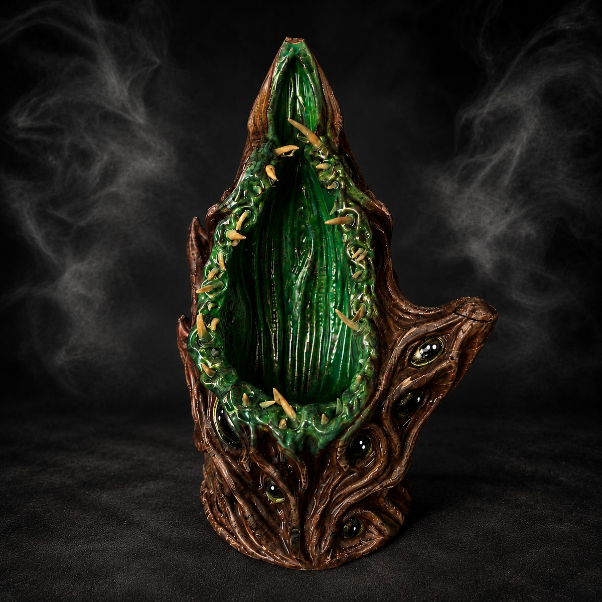 The Watching Maw empty cast stone planter showing the deep green planting cavity and teeth