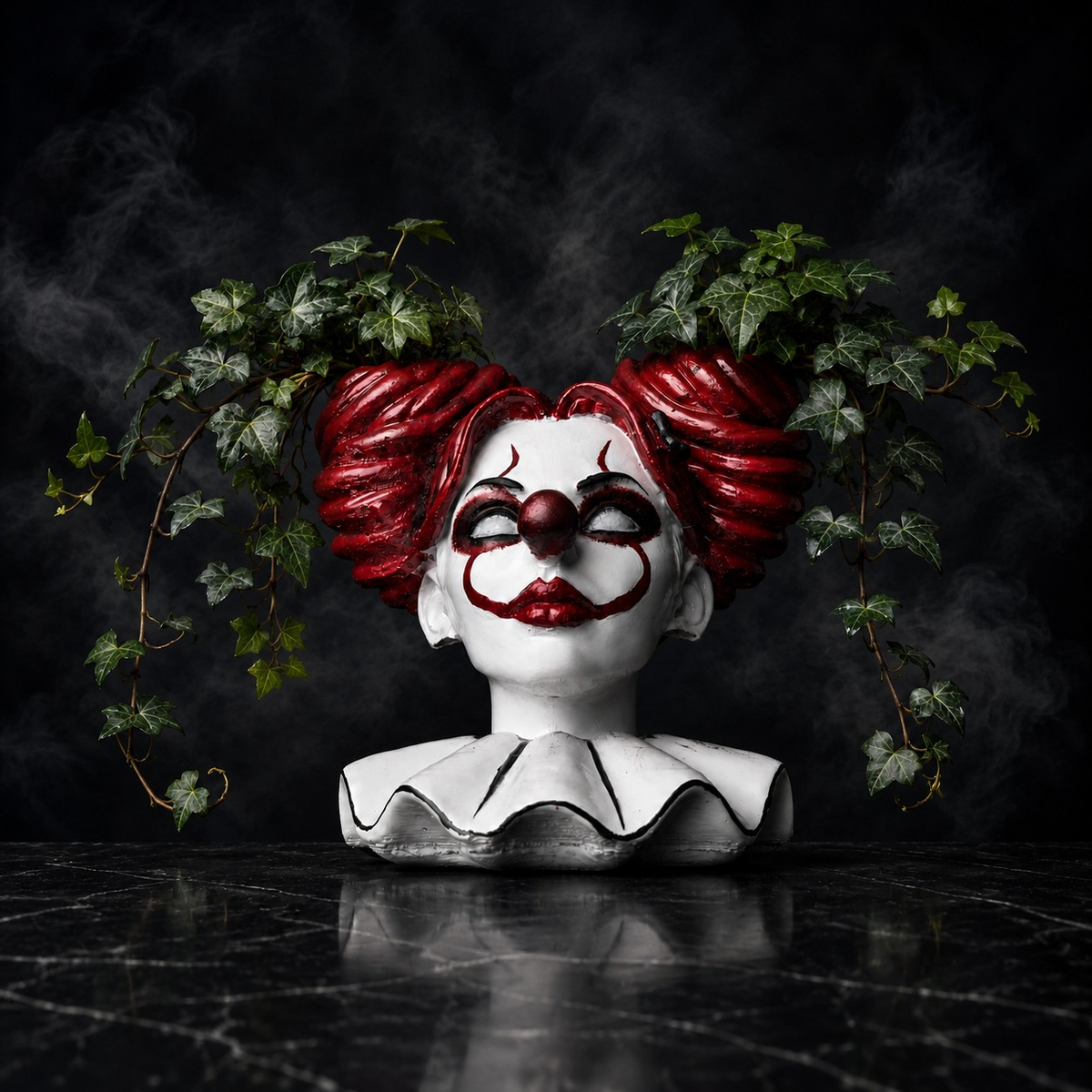 Front low angle of cast stone clown girl planter with two planting bowls and trailing greenery