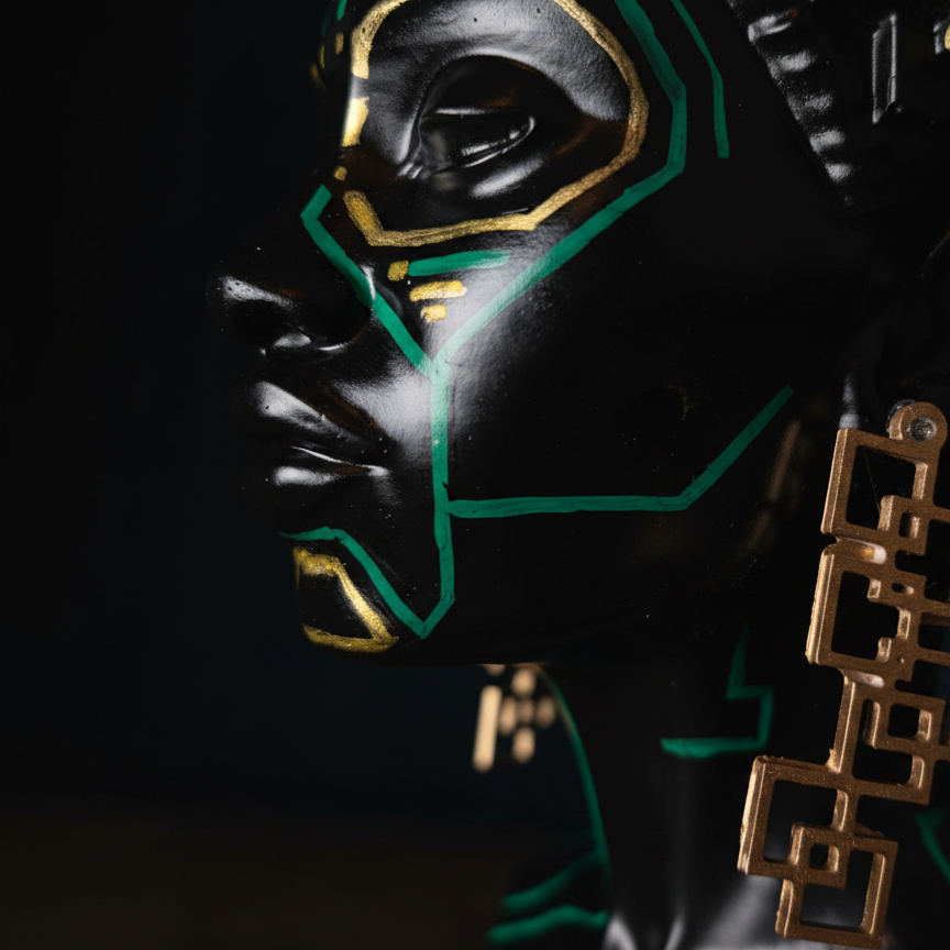 Close-up of The Motherboard head planter's gold geometric earring and teal face details