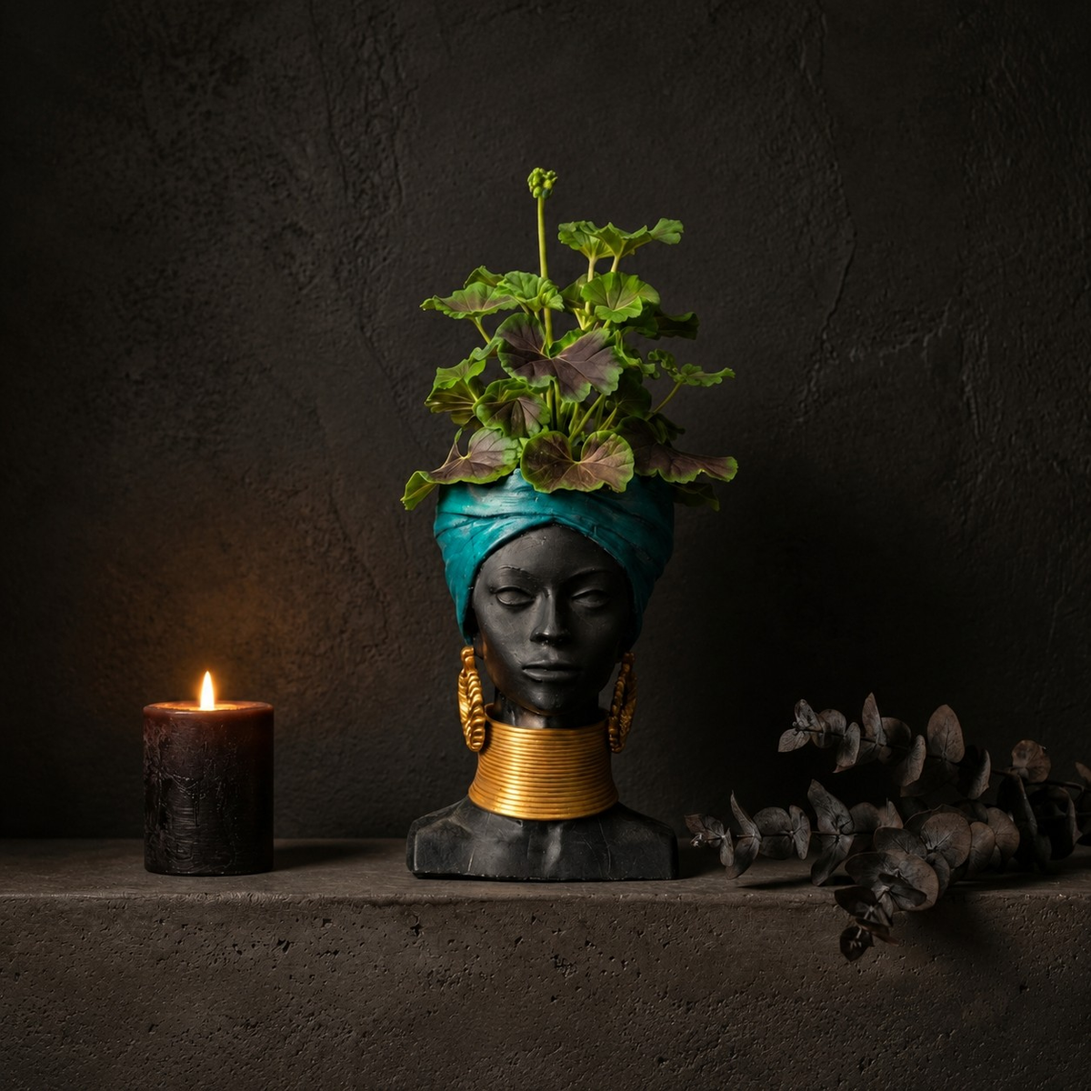 Golden Grace African Woman Head Planter - Lifestyle console