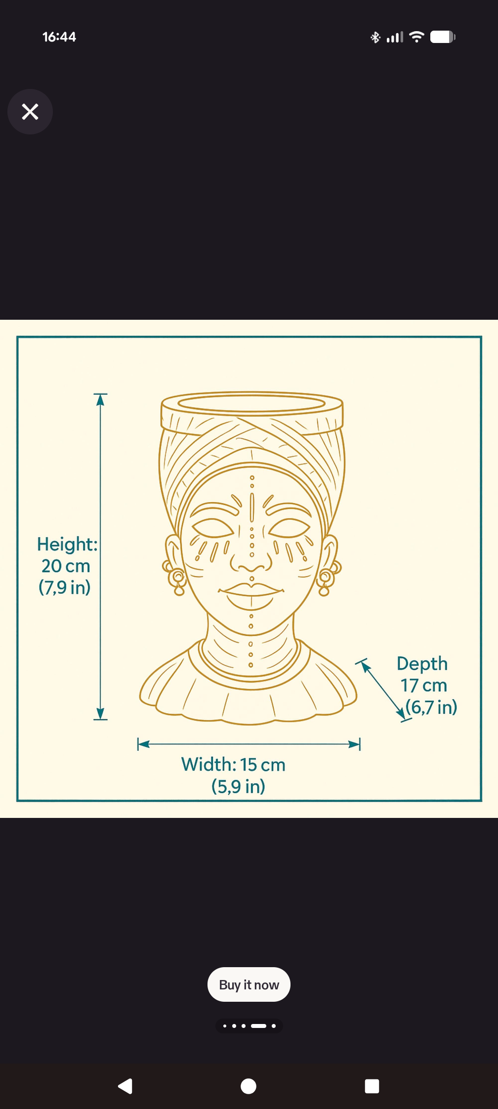 Phone screenshot of Afro woman planter dimensions showing 20 cm high, 15 cm wide and 17 cm deep