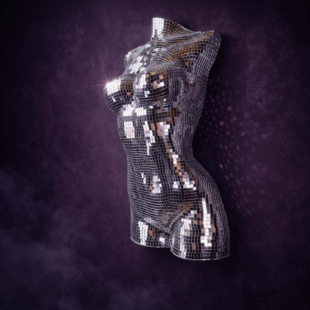 The Disco Era mirror ball sculpture angled view