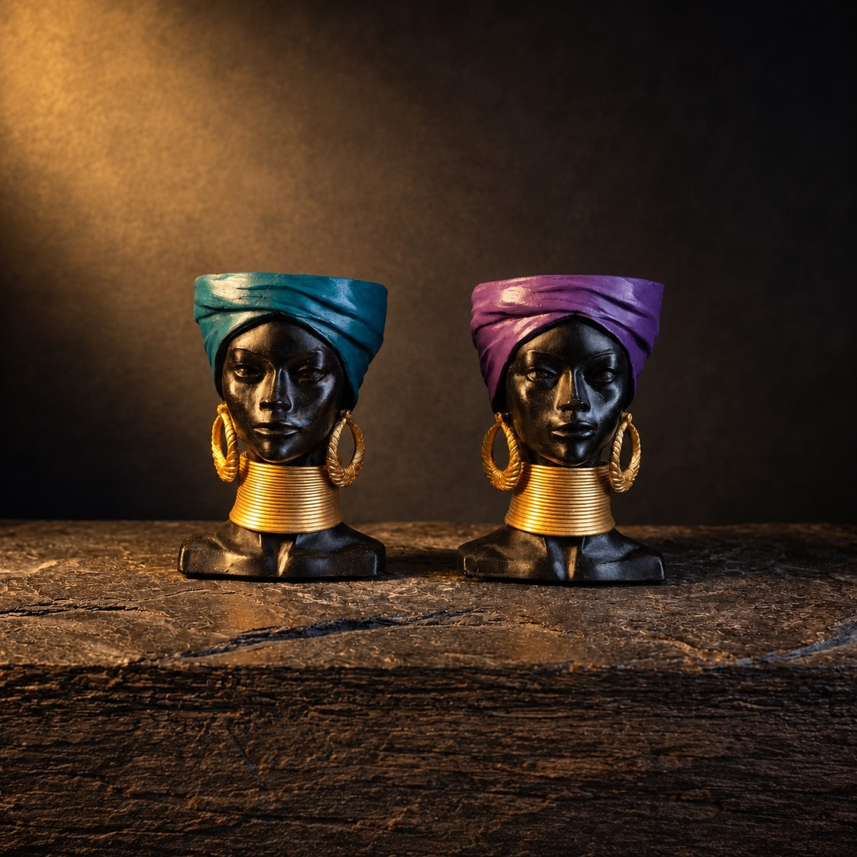 Golden Grace African Woman Head Planter - Studio pair teal and purple