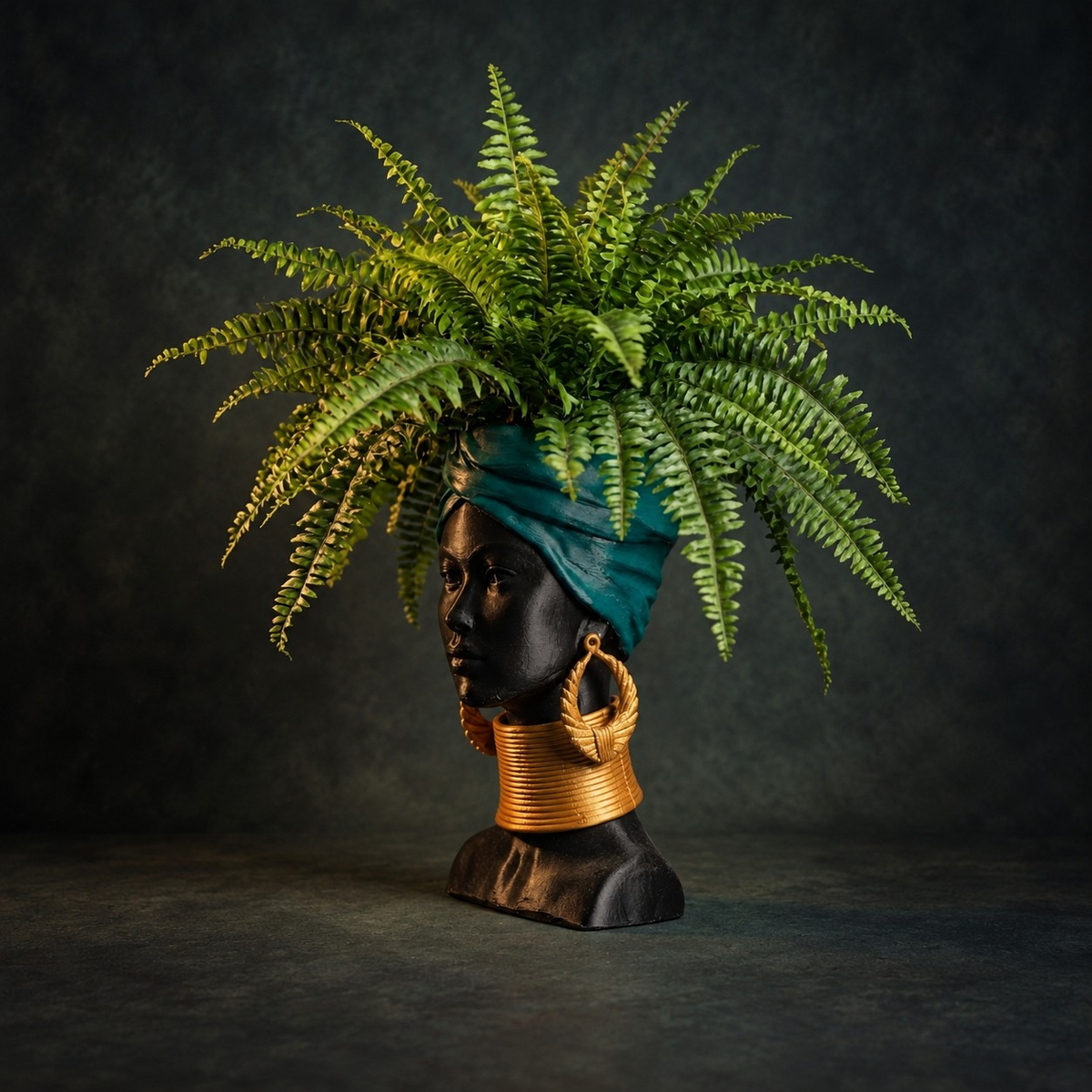Golden Grace African Woman Head Planter - Planted fern