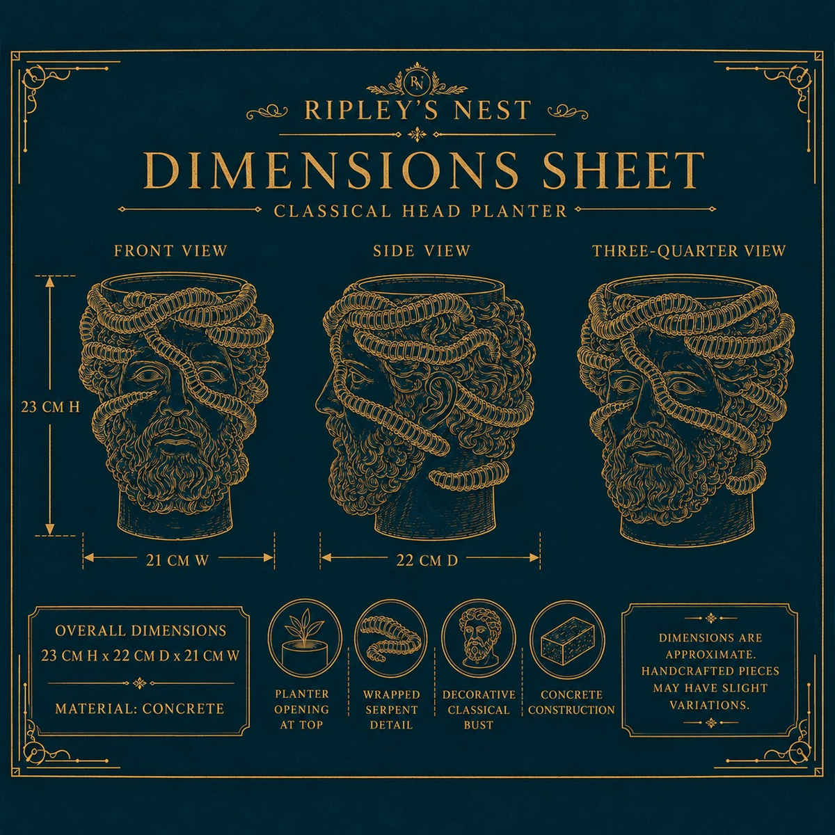 Dimension sheet for Aristotle.exe showing 23 cm high by 22 cm deep by 21 cm wide