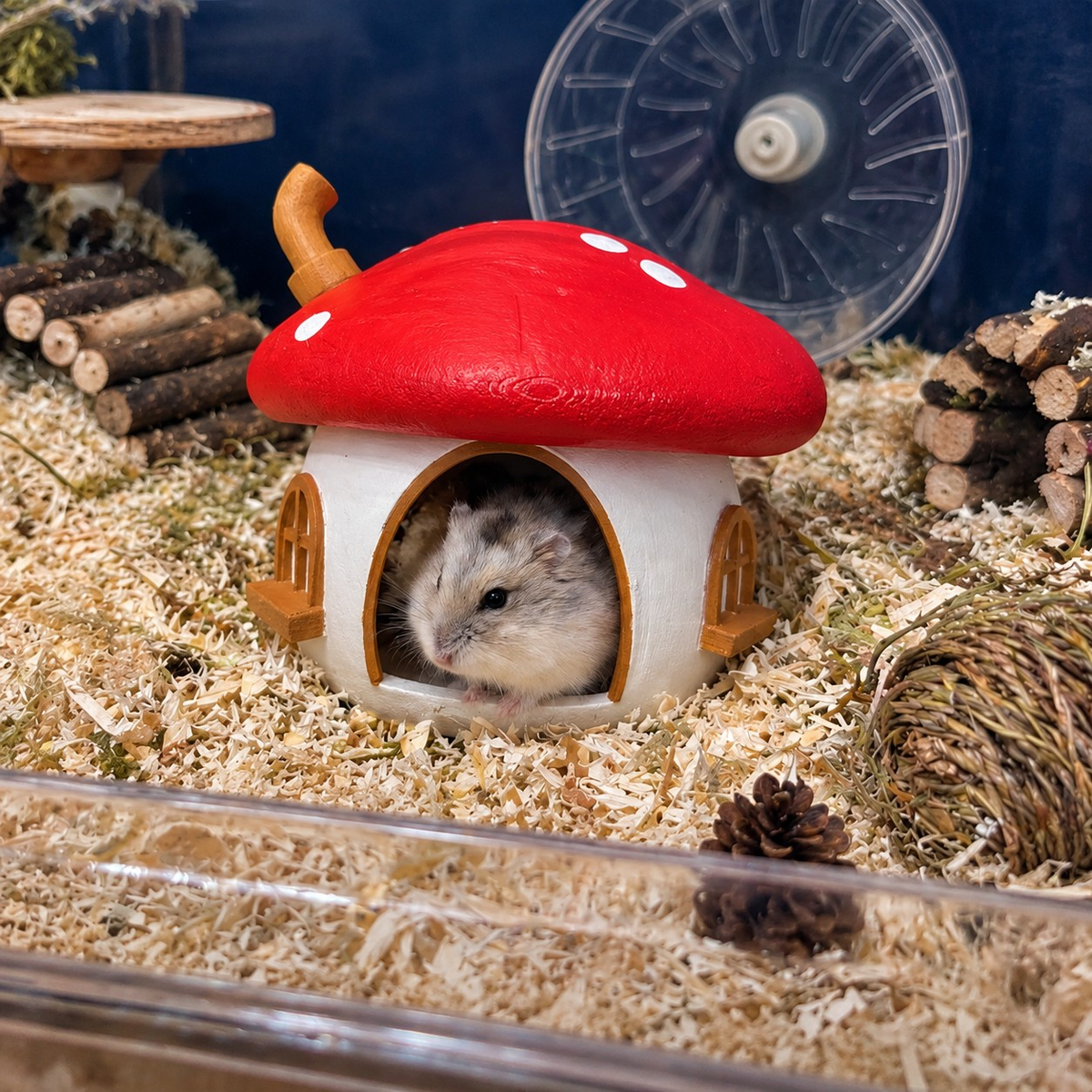 Hamster sitting inside the Fairy Mushroom Hamster Hide