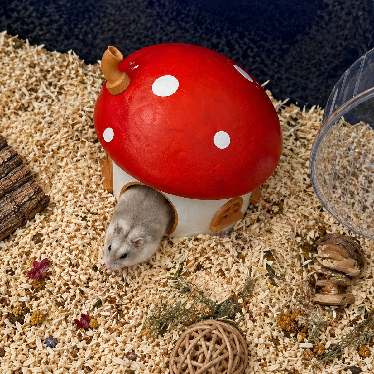 Top angle of the Fairy Mushroom Hamster Hide in cage bedding