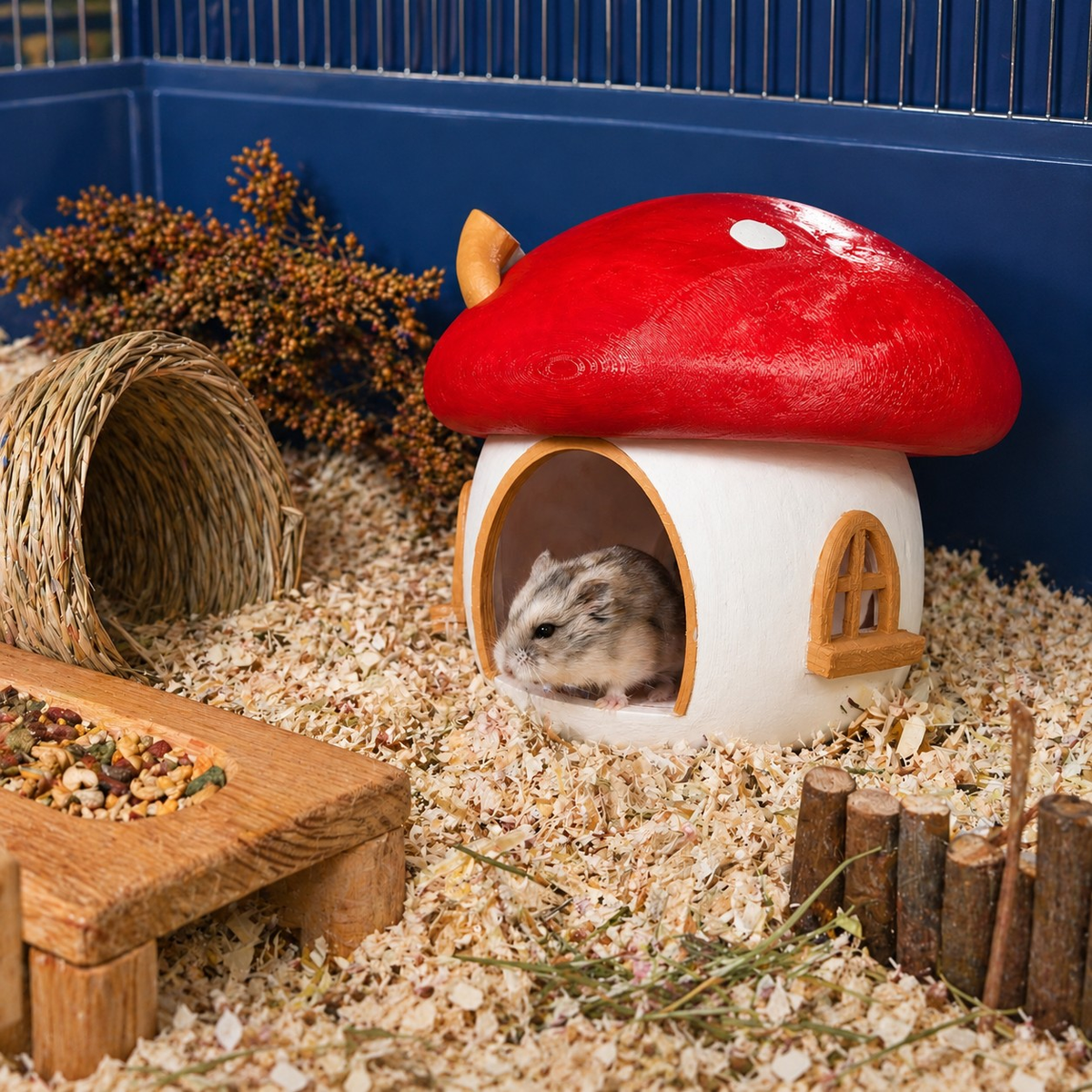 Fairy Mushroom Hamster Hide beside cage enrichment and bedding