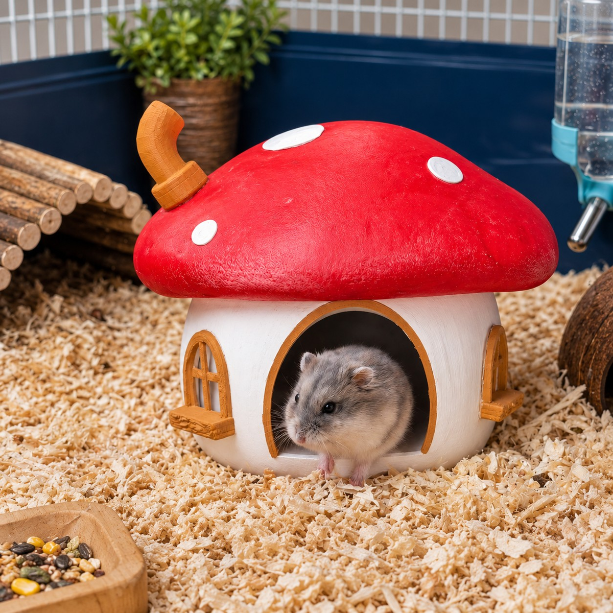 Front view of the Fairy Mushroom Hamster Hide with hamster inside