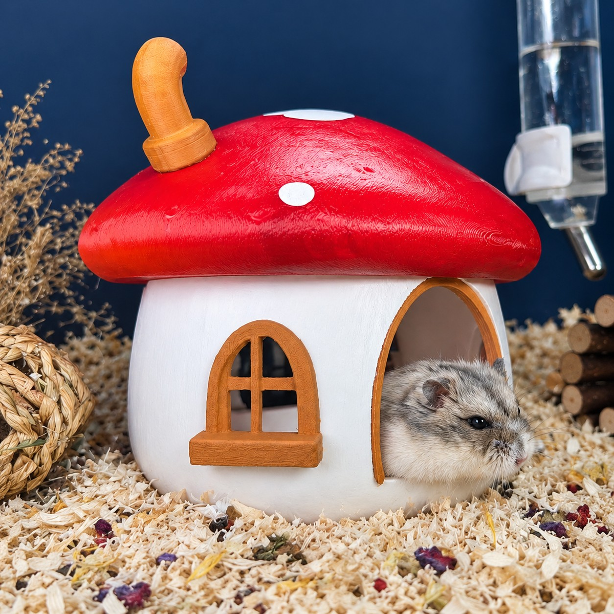 Side view showing window detail and doorway on the Fairy Mushroom Hamster Hide