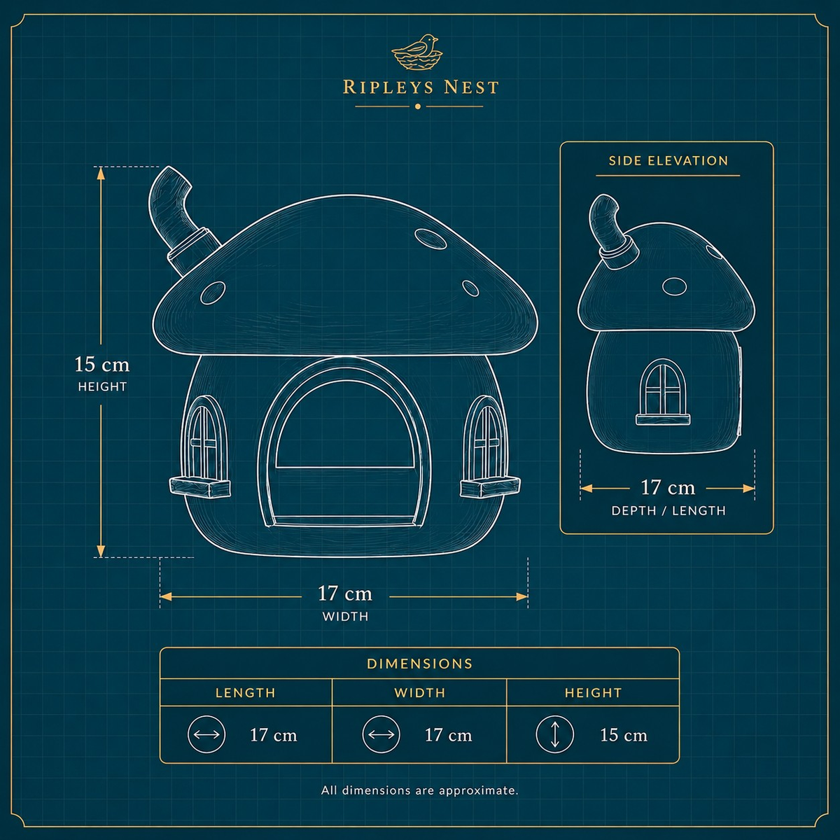 Dimensions diagram for the Fairy Mushroom Hamster Hide showing 17 cm by 17 cm by 15 cm