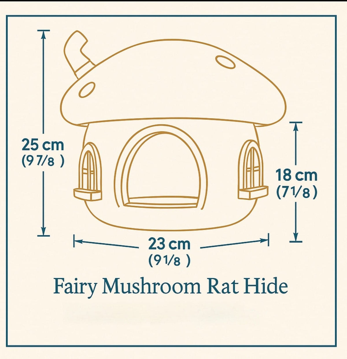 Fairy Mushroom rat hide dimensions diagram, 25 by 23 by 18 centimetres