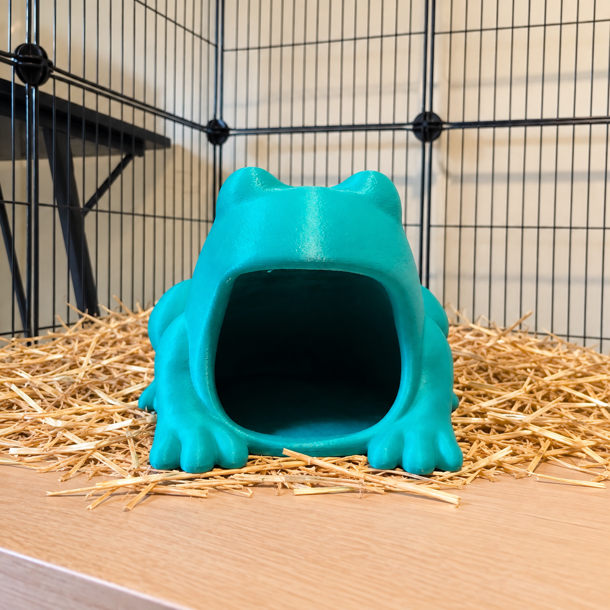 Front view of an empty turquoise frog hide on a straw-covered shelf.