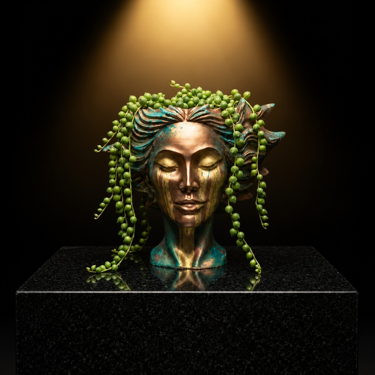 Gold bust planter dramatic front view