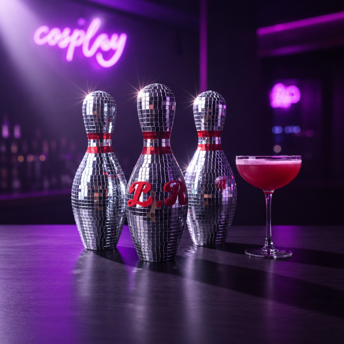 Mirror bowling set bar display with cocktail