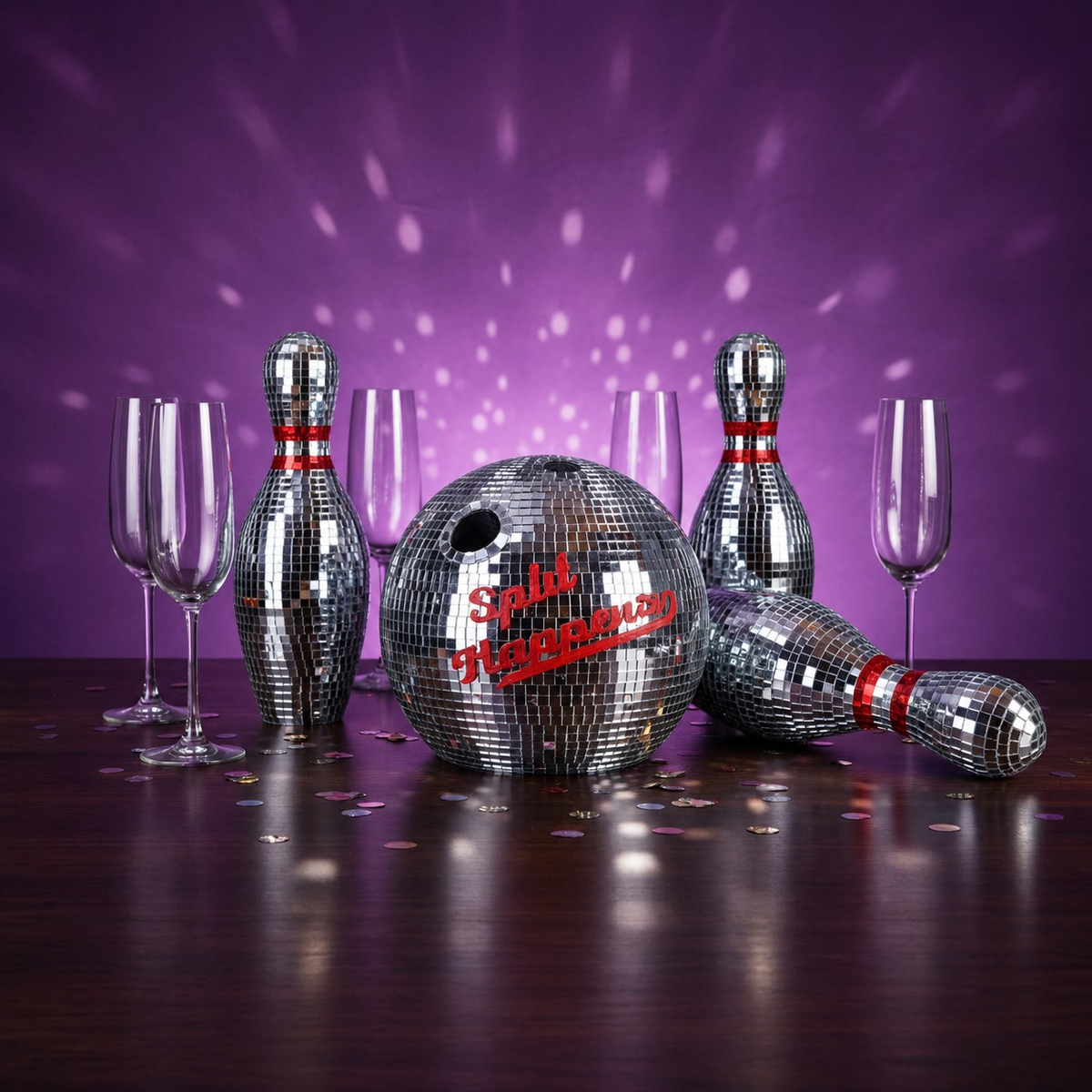 Mirror bowling set party table with champagne