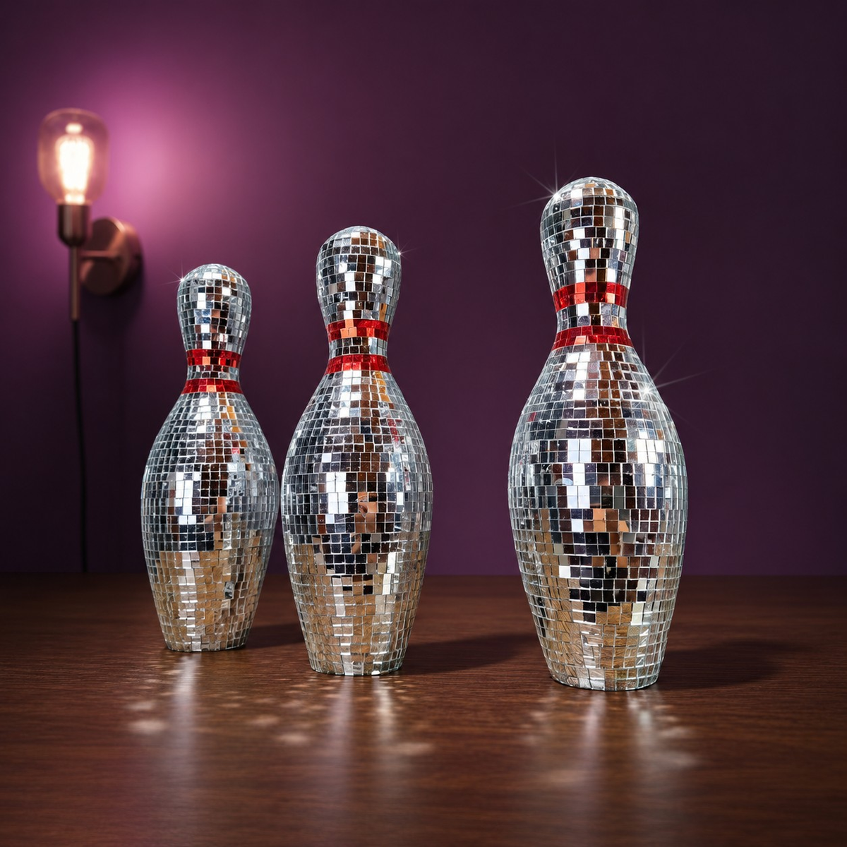 Mirror bowling set on shelf warm glow