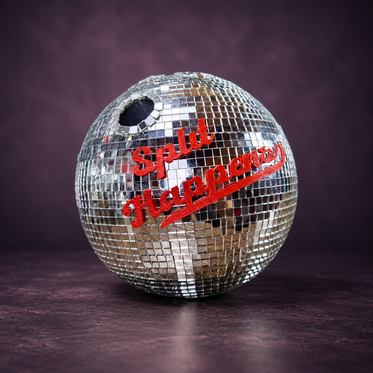 Split Happens disco mirror bowling ball closeup