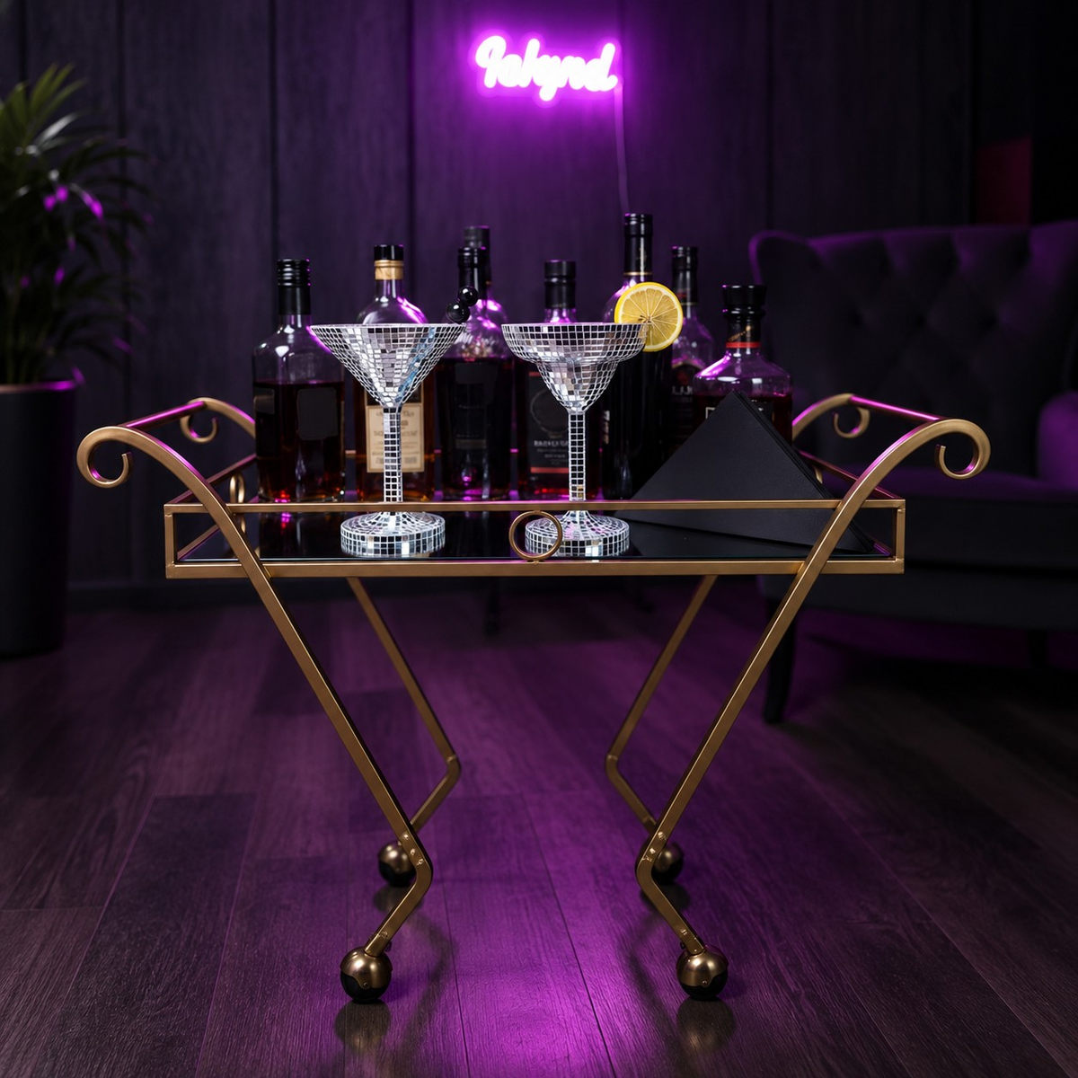 Happy Hour mirror mosaic cocktail glass planters on bar cart with purple glow
