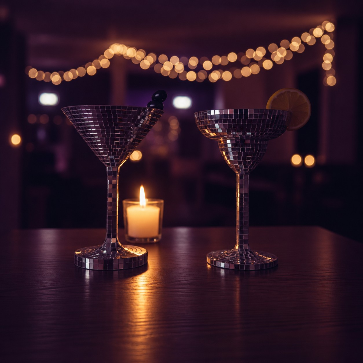 Happy Hour mirror tile planters on party table with candles and fairy lights