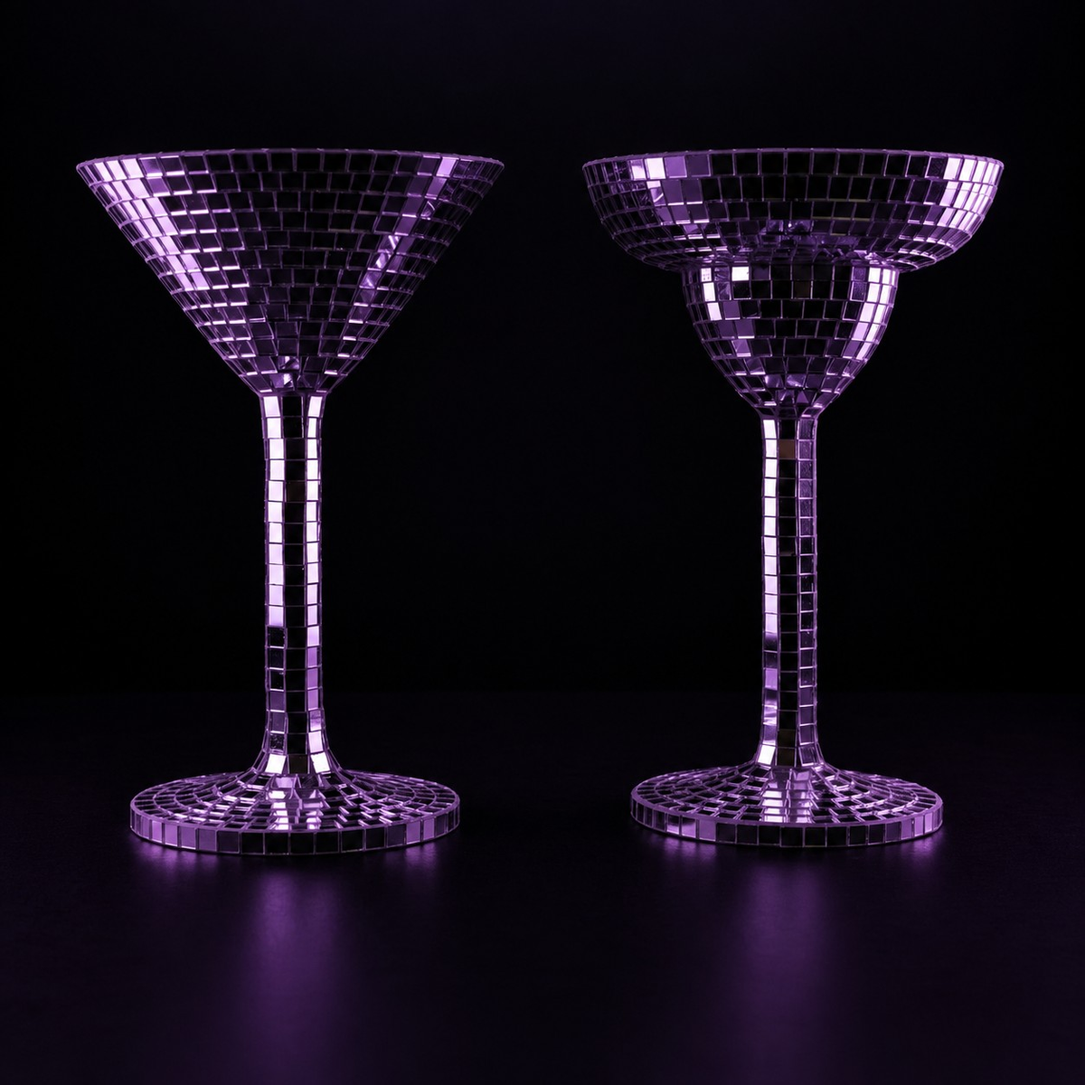Close-up detail of Happy Hour mirror mosaic tiles on cocktail glass stem and base