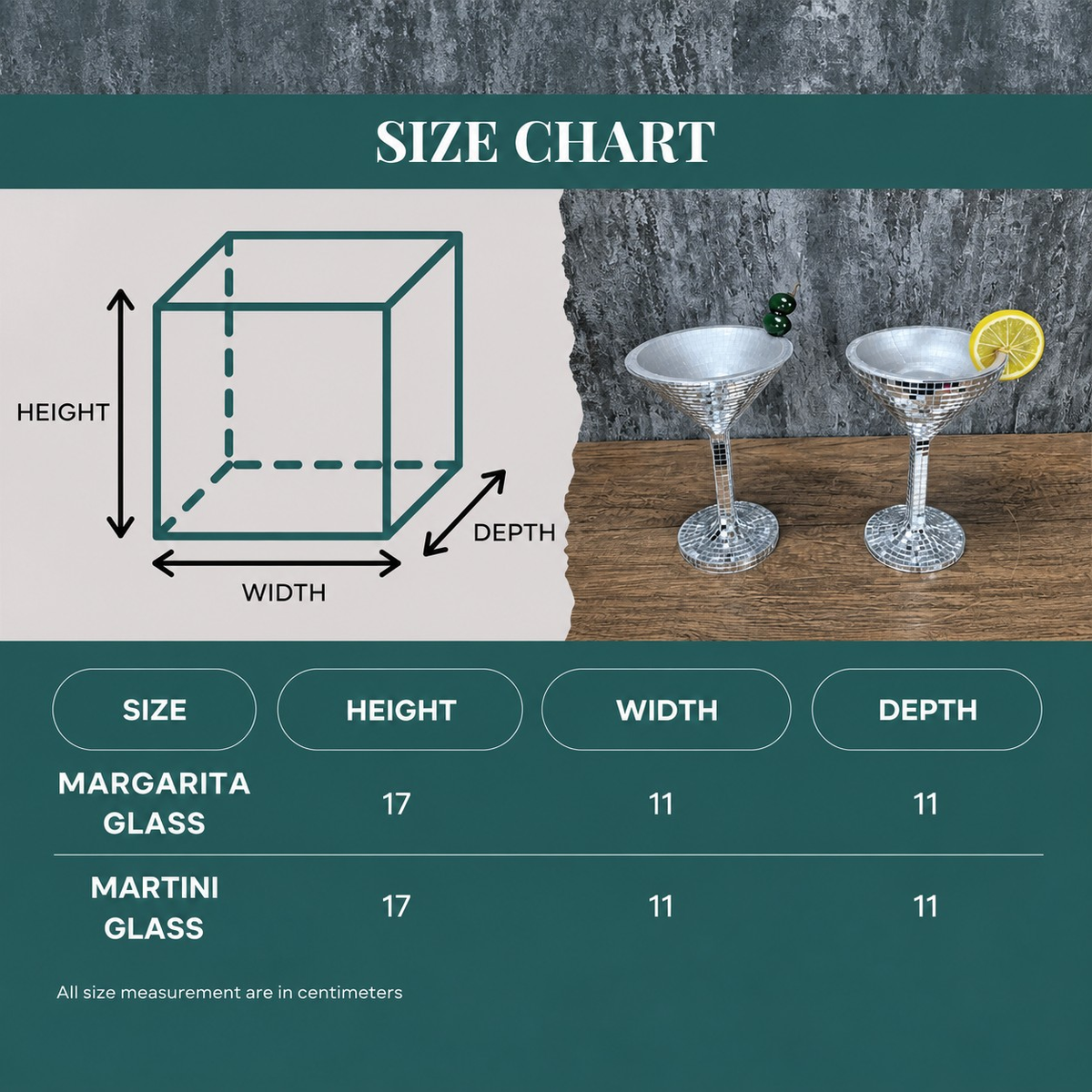 Happy Hour disco ball cocktail glass planter dimensions - 17 x 11 x 11 cm