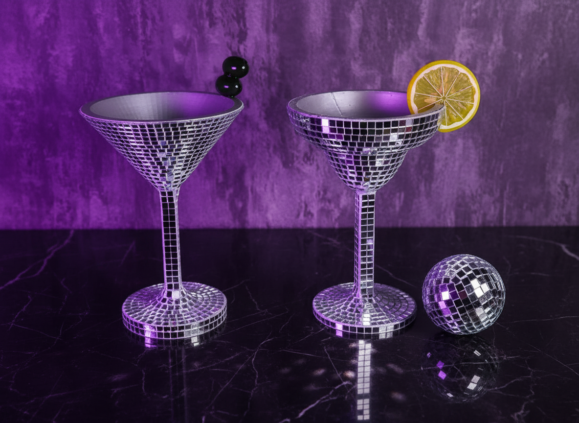 Happy Hour cocktail glass planters with disco ball in studio setting