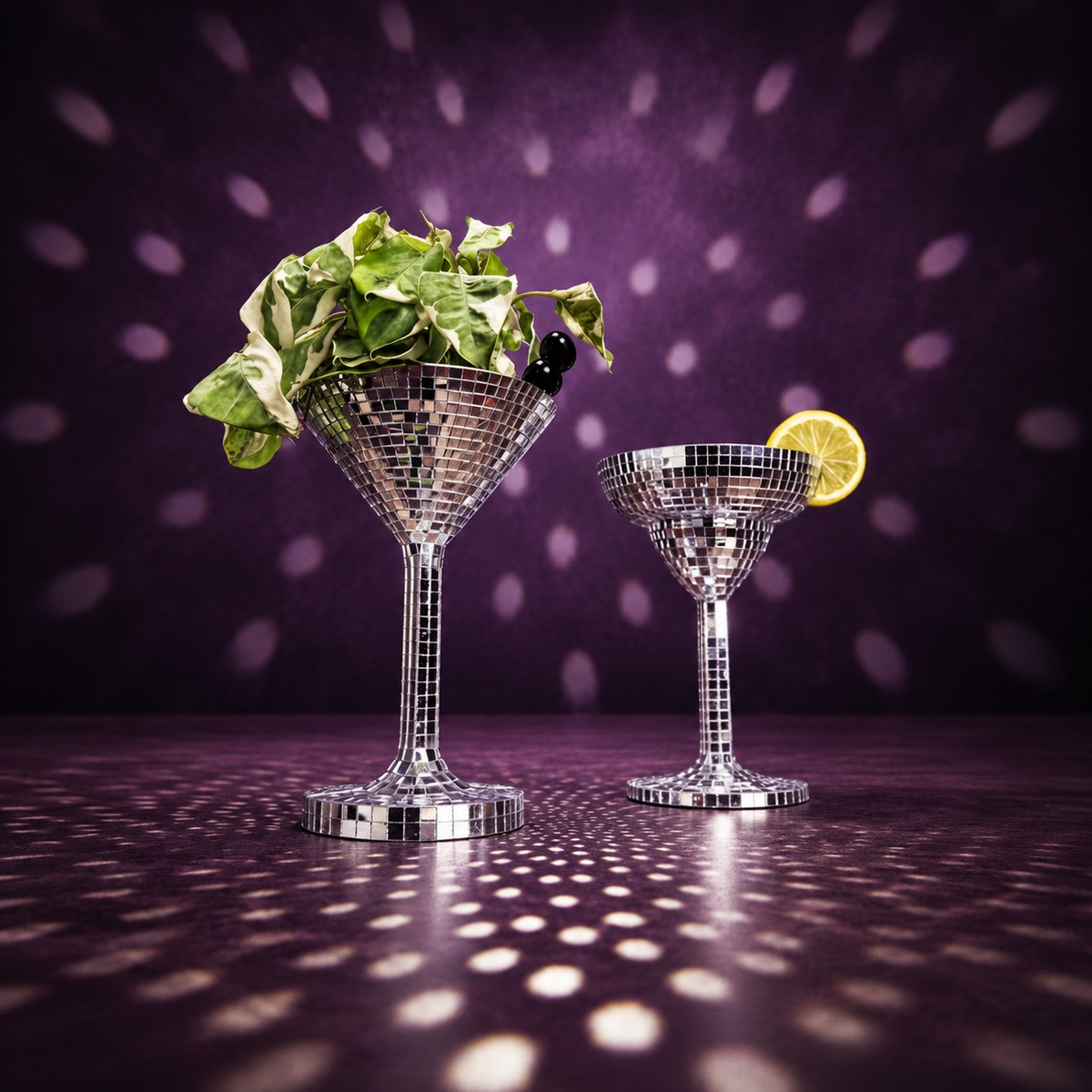 Happy Hour disco ball planters with disco bokeh party lighting