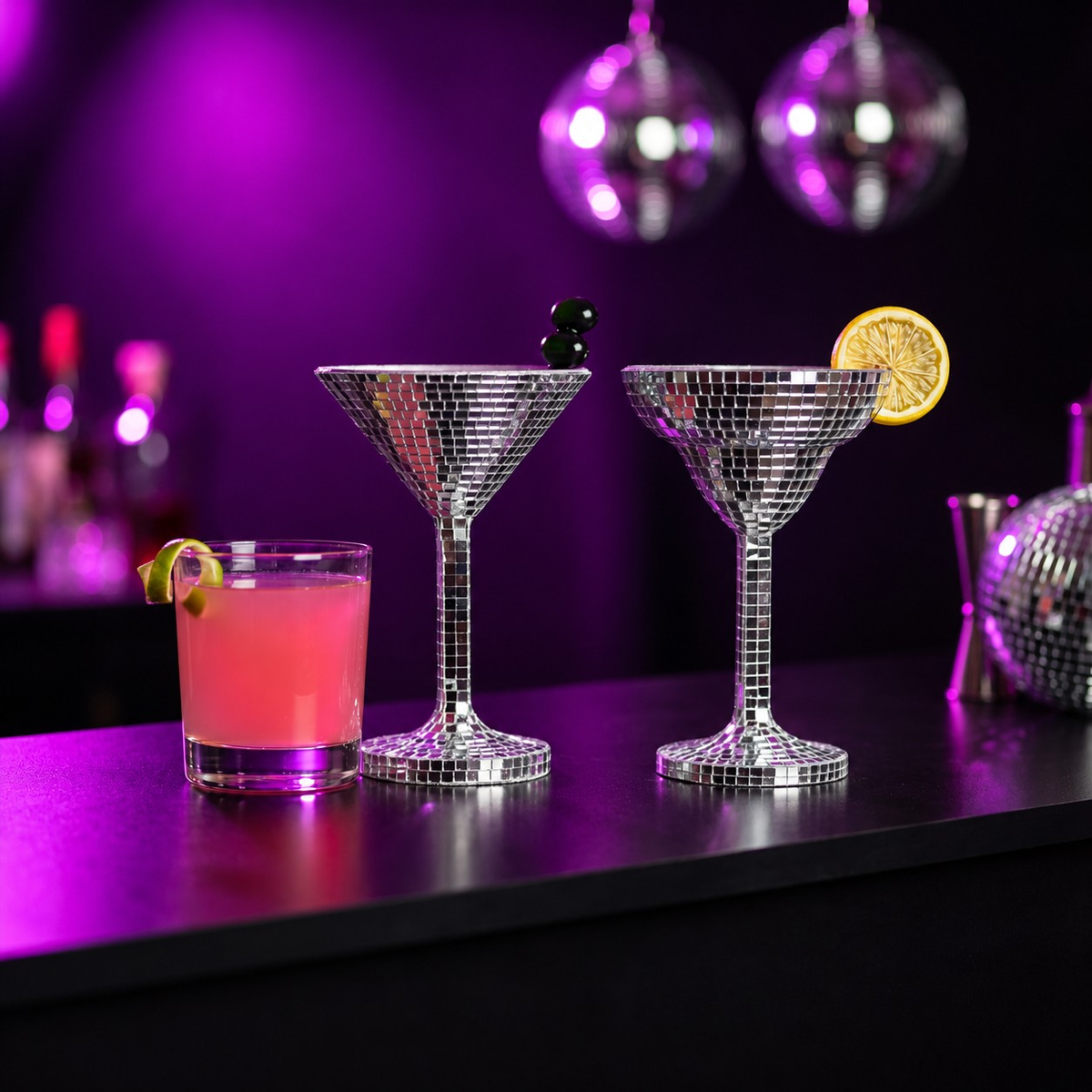 Happy Hour mirror mosaic cocktail glass planters at hen party bar setting