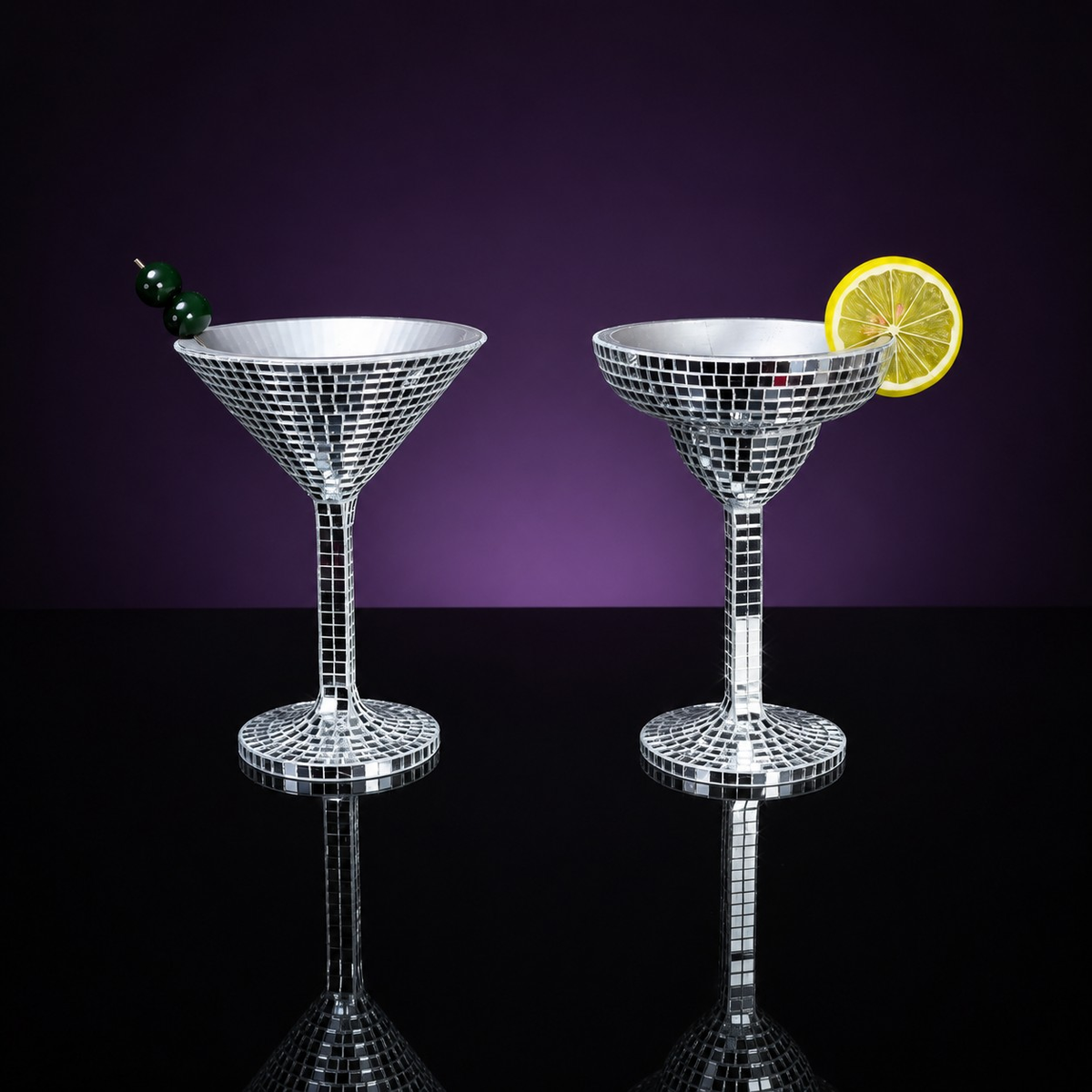 Happy Hour disco ball cocktail glass planters - martini and margarita pair front view