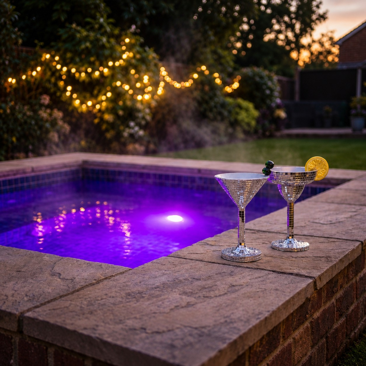Happy Hour mirror tile cocktail glass planters by jacuzzi in evening light