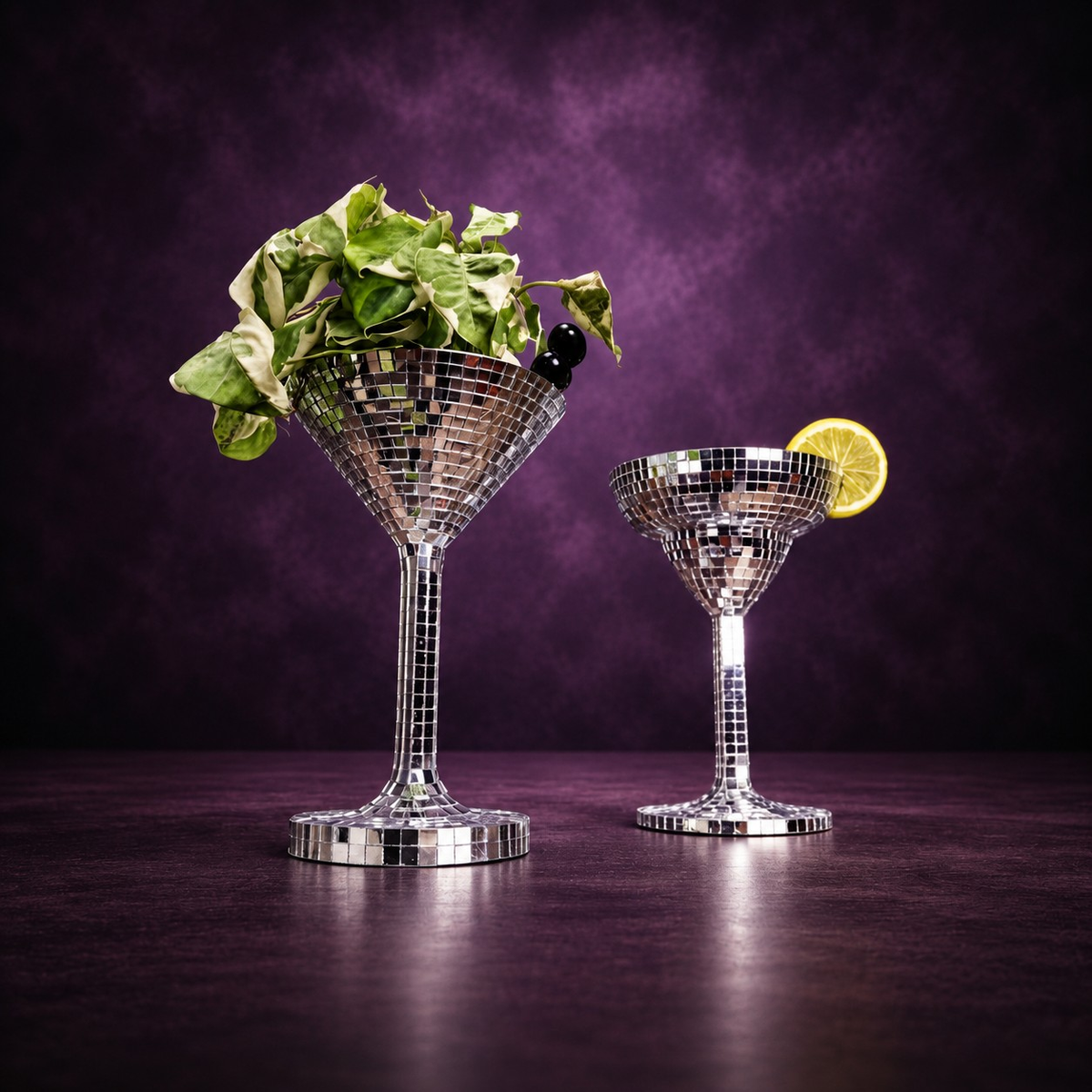 Happy Hour disco ball planters with plants and purple scatter light