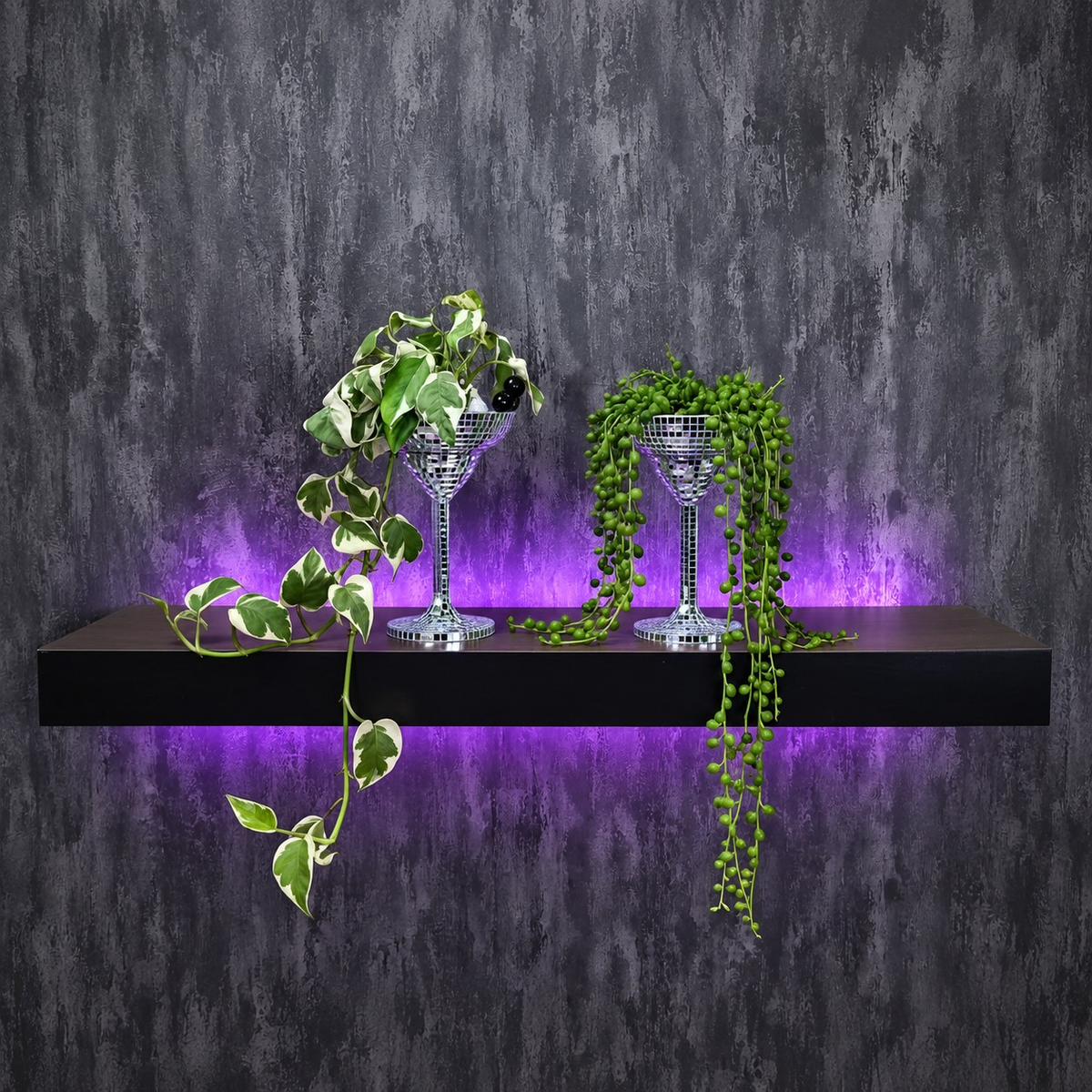Happy Hour mirror mosaic planters styled on shelf with plants