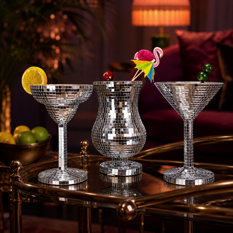 Disco Ball Barware Set arranged on dark console