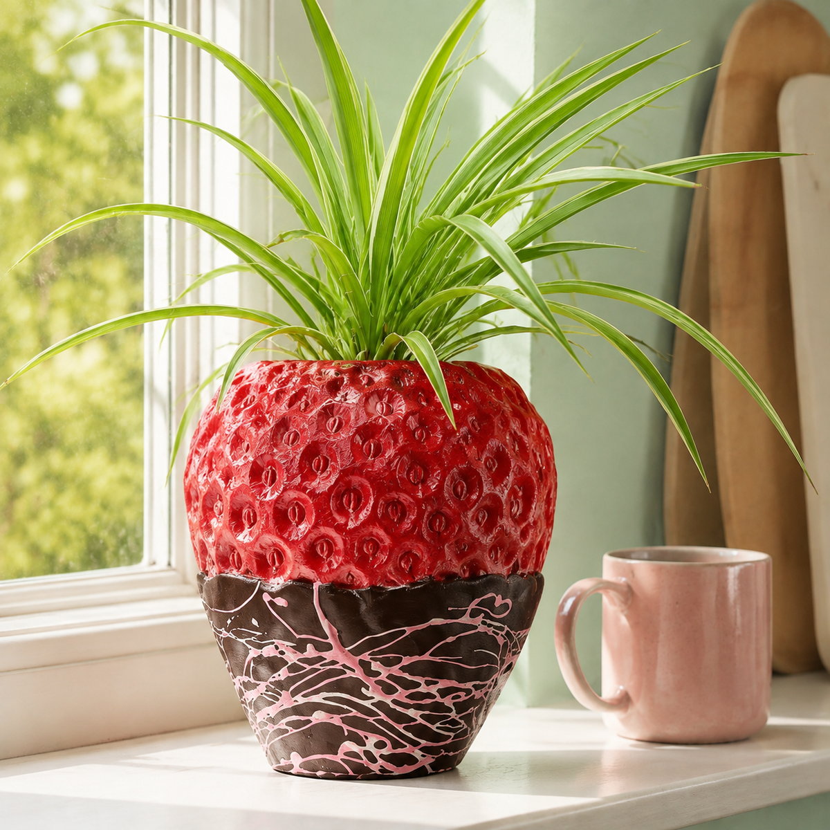 Strawberry Planter | Red or Chocolate Dipped Plant Pot: strawberry-shaped planter dipped in chocolate pattern with a plant