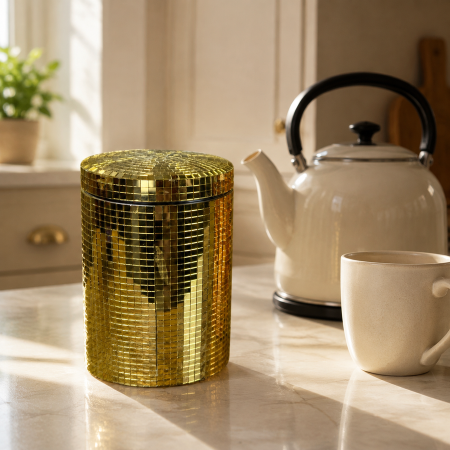 Disco Ball Kitchen Canisters: One, Two or Three: gold mirrored cylindrical kitchen storage canister