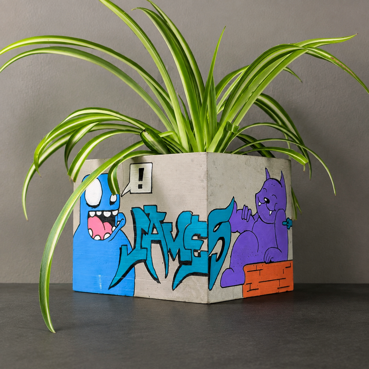 Personalised Graffiti Building Planter | Custom Plant Pot: square planter with illustrated walls and greenery