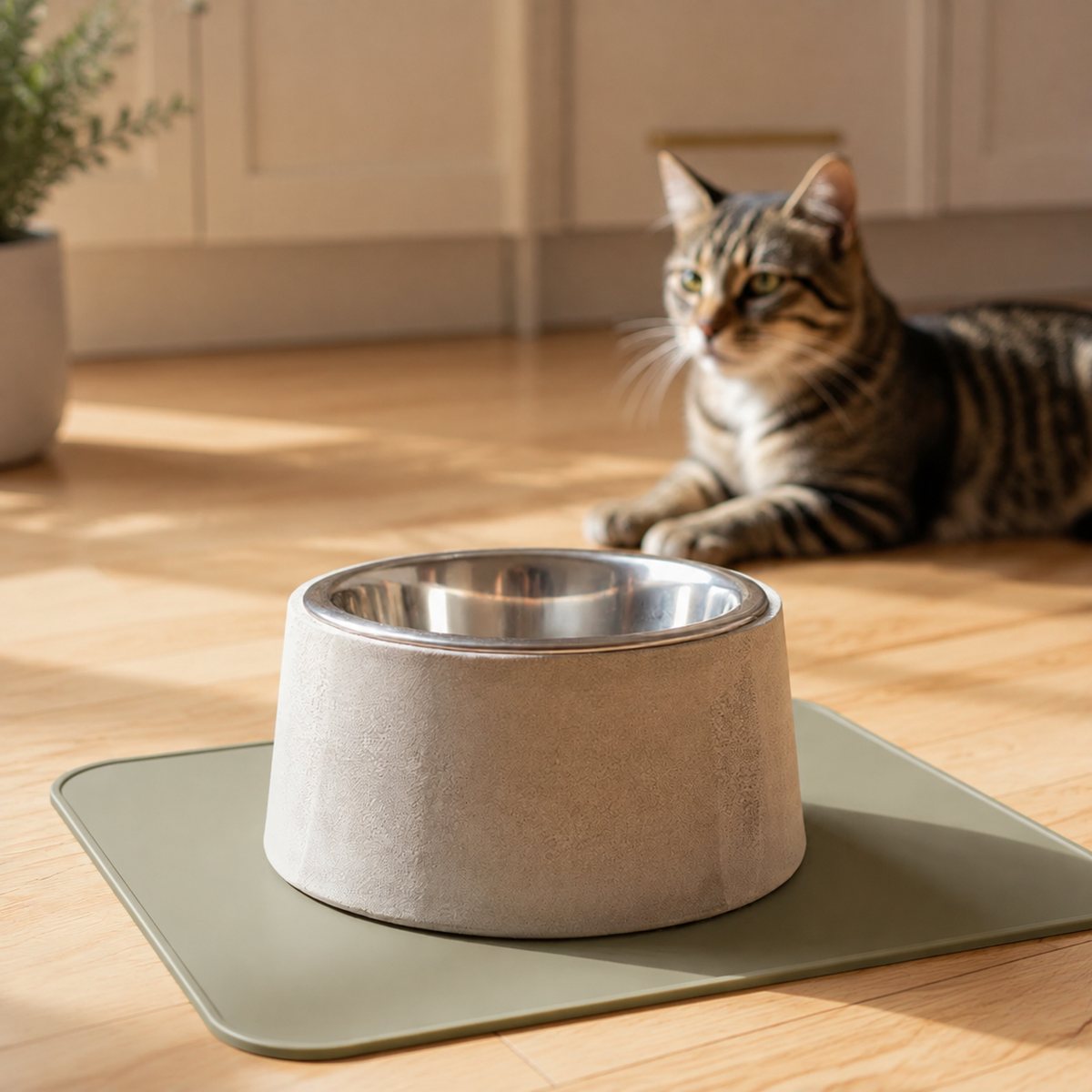Stone Dog Bowl & Cat Bowl beside a cat indoors
