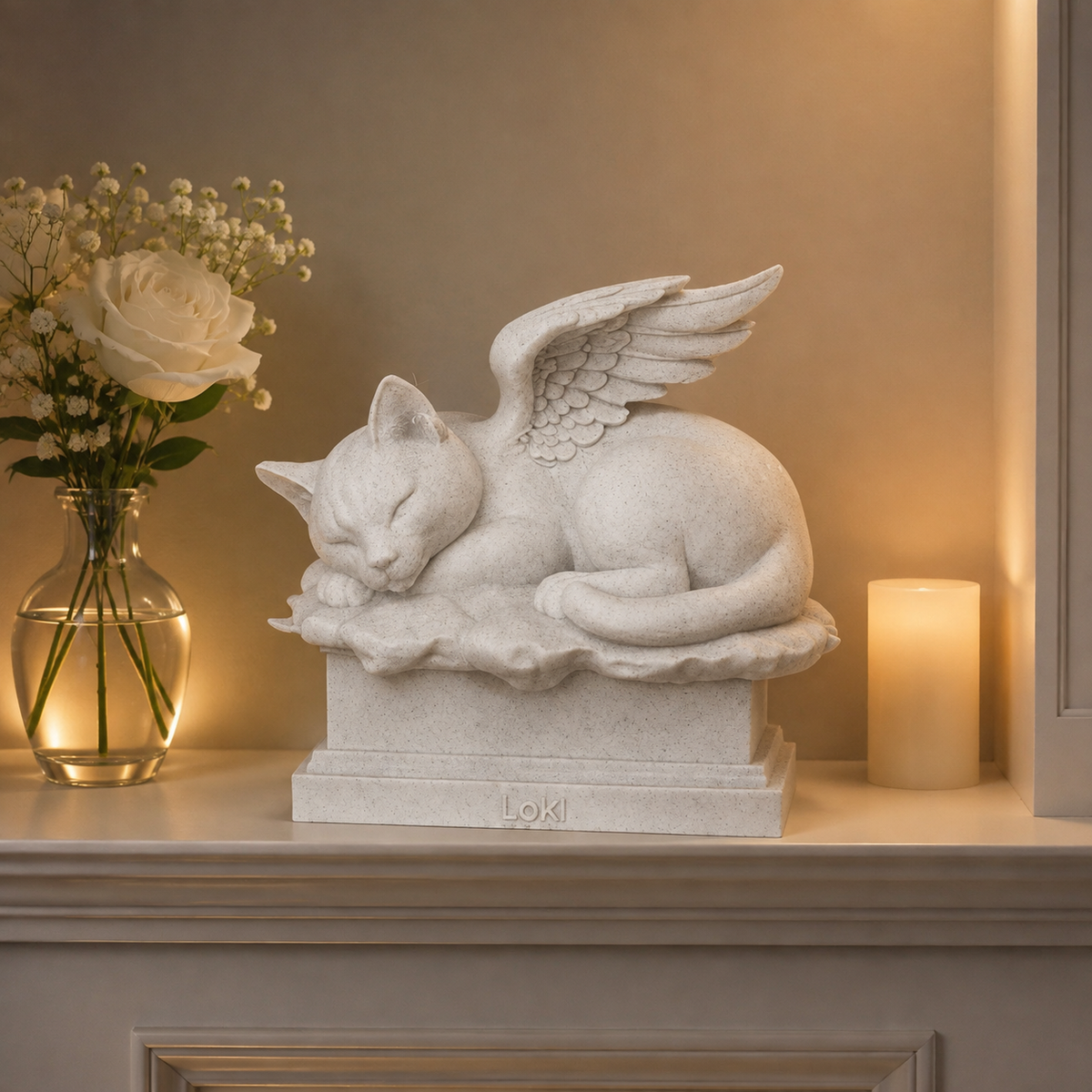 Custom Pet Memorial Angel Statue from Photo: white winged cat resting on a plinth beside flowers