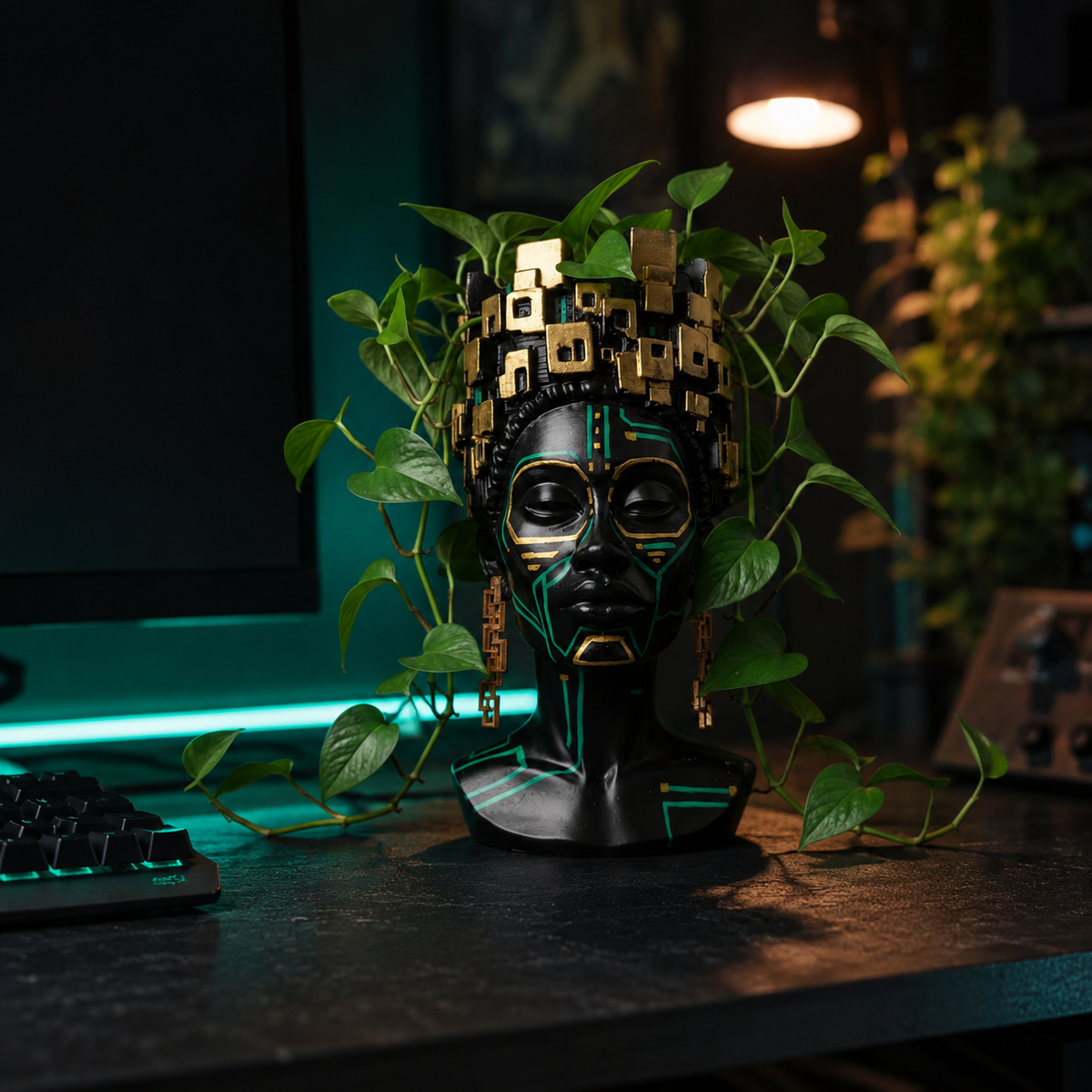 Cyberpunk Head Planter styled with plants on a desk