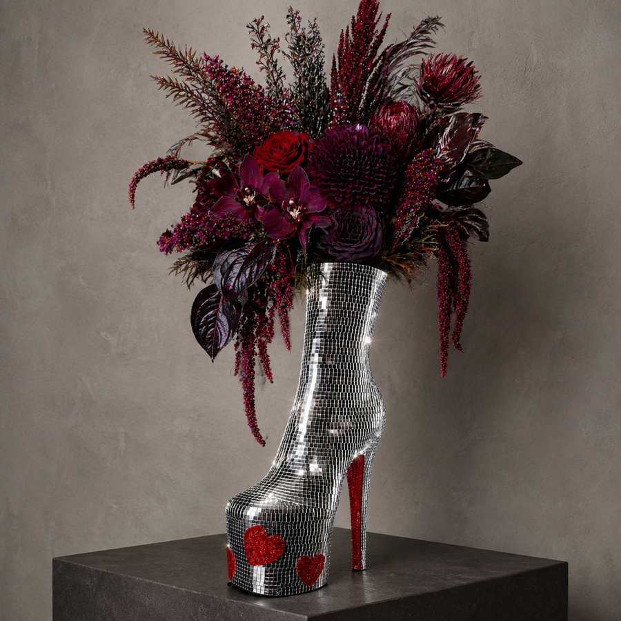 Disco Ball High Heel Vase Heartbreaker XL with foliage