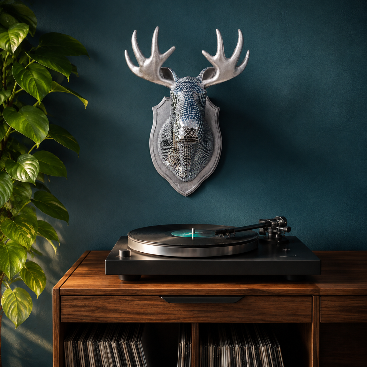 Mirrorball Moose: Mirror Ball Moose Wall Art, mirrored moose head mounted above a record player