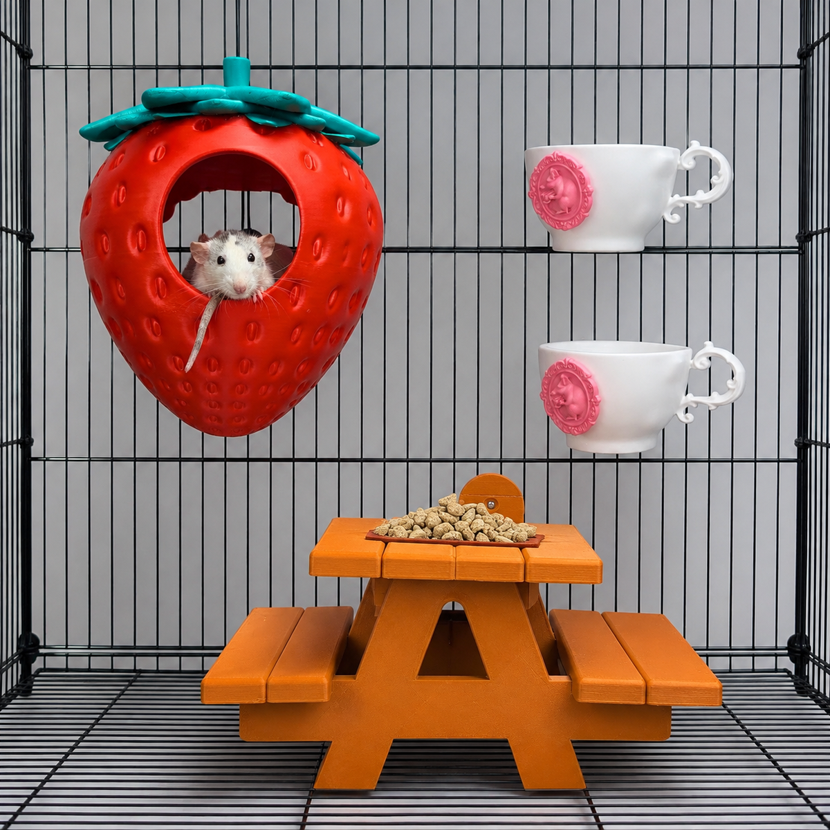 Strawberry Tea Party Rat Cage Accessories Kit, strawberry hide and small picnic table inside a cage