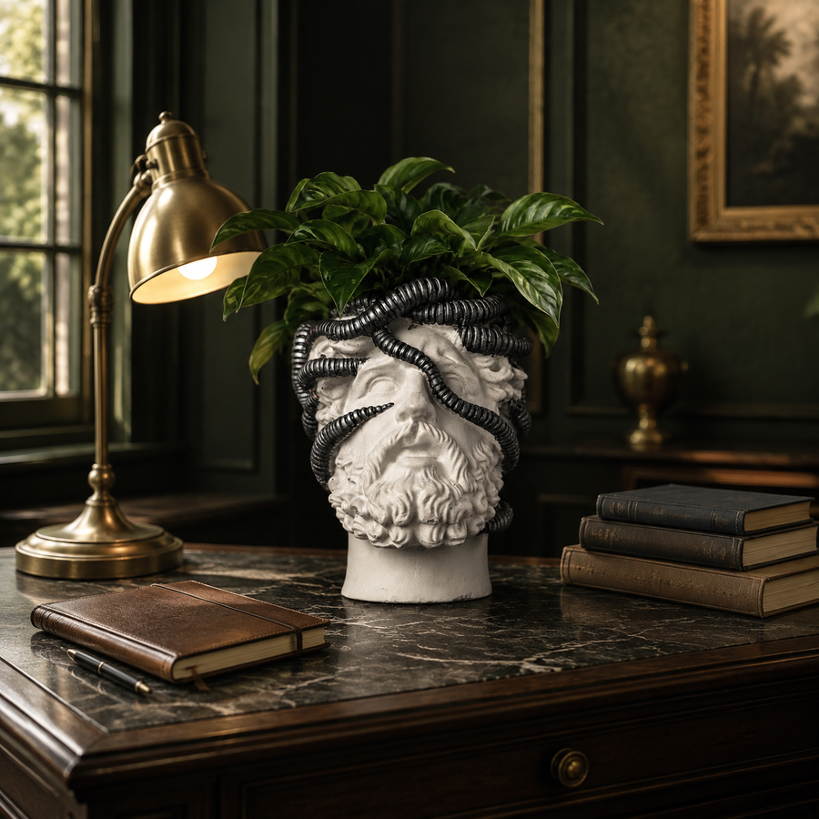 Greek Bust Planter | Aristotle.exe, white bearded bust planter wrapped with dark coils and topped with a plant