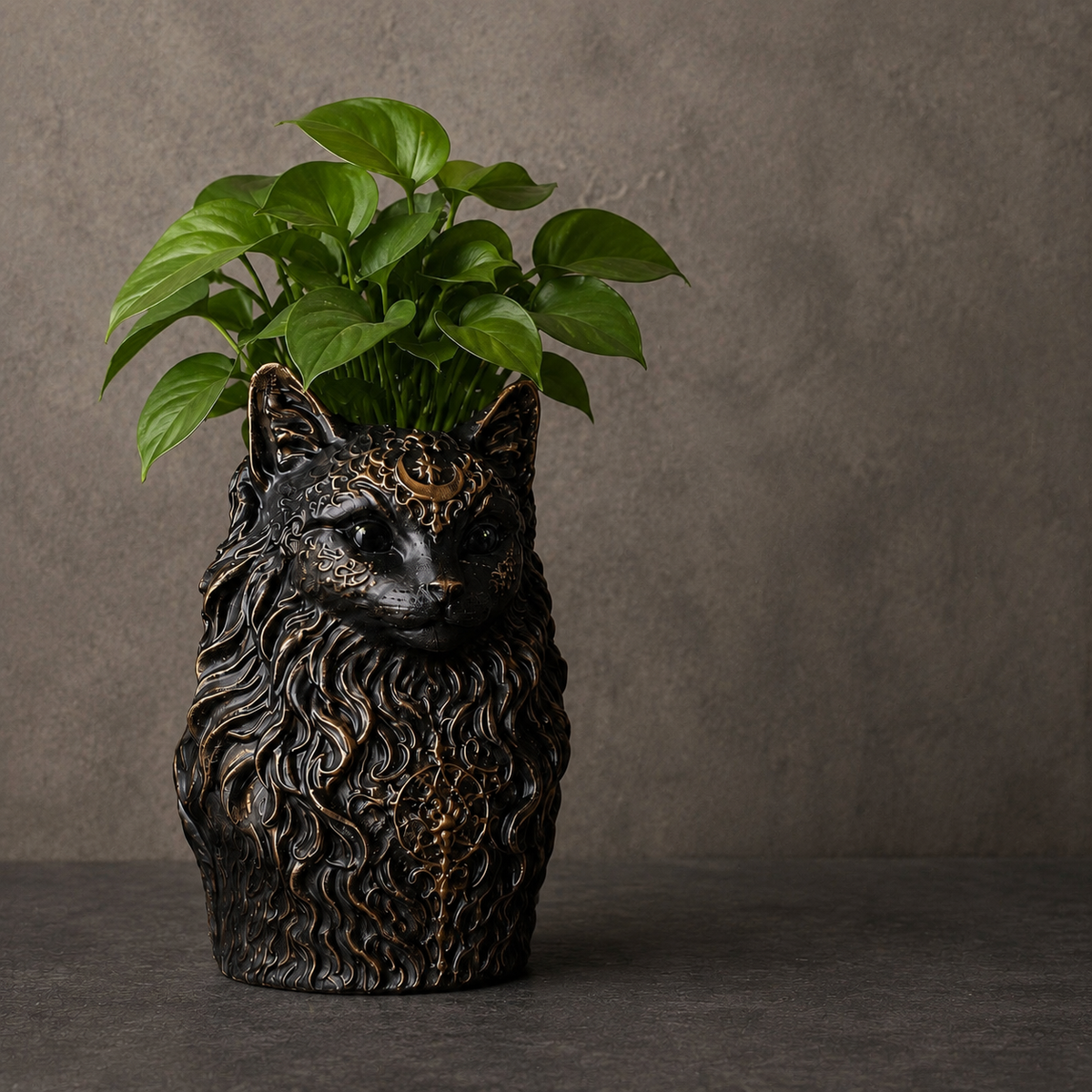 Custom Gothic Pet Planter from Photo | Moon Familiar, dark animal-head planter with foliage above